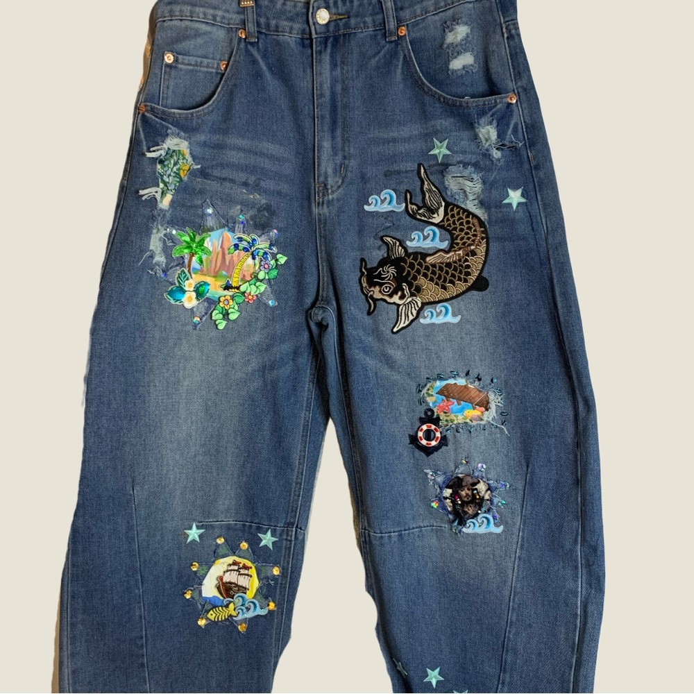 Upcycled Embroidered, Patched, and Distressed Barrel Jean with a Caribbean Theme - Picture 8 of 14